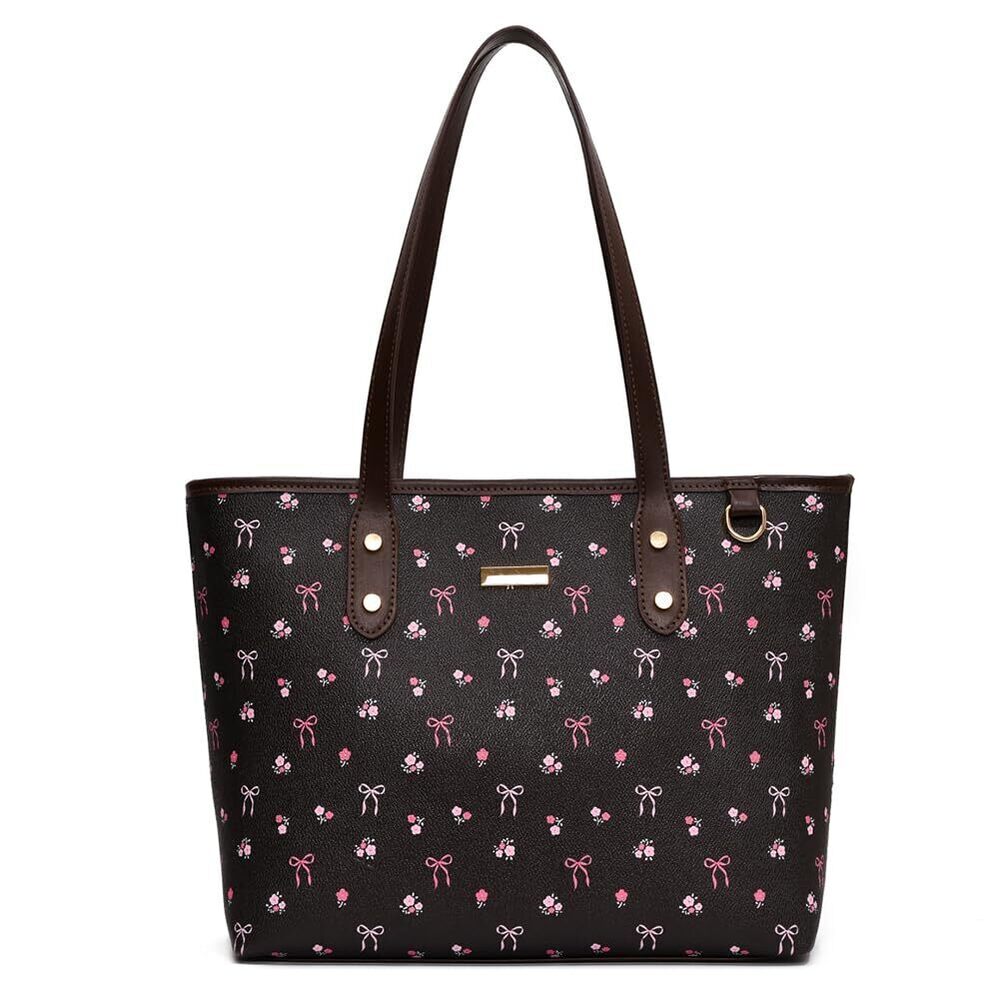 4613 Cherry Print Tote Bag Bow Shoulder Handbag Trendy Faux Leather